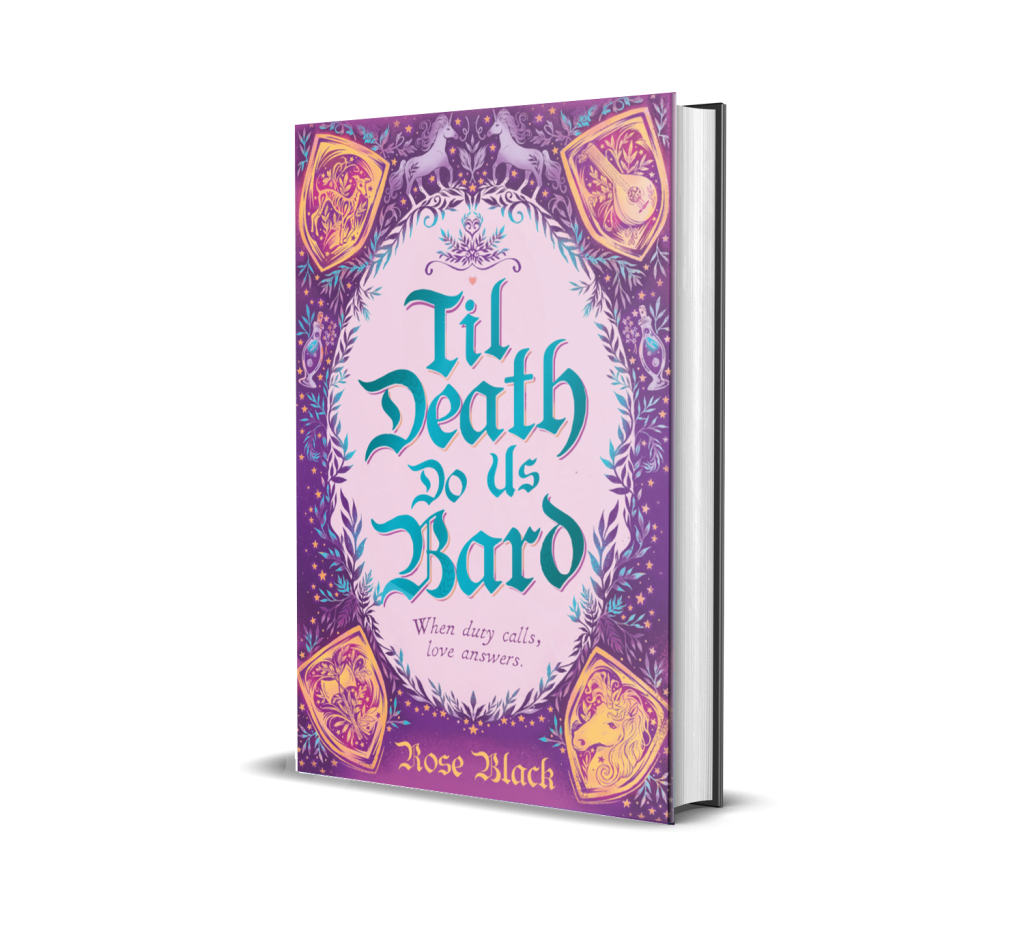 A 3D representation of a book. The cover is purple with a pick oval centre where the title is written in blue text. Around the edge are four shields with a skeleton puppy, a lute, an axe, and a unicorn in order from top left to bottom right. There are two purple unicorns at the top of the book and the author's name is written in yellow at the bottom. Around the central oval are fronds of leaves in blue and purple. 